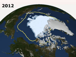 Satellitenfoto, das die Ausdehnung des arktischen Meereises im Sommer 2012 zeigt