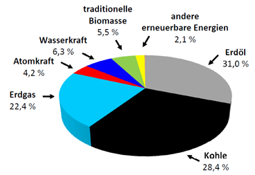 Grafik, die die Primärenergieträger des globalen Energieverbrauchs im Jahr 2013 darstellt