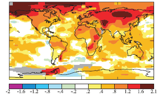 Klimawandel: Grafik, die die Verteilung der Temperaturabweichung in den Jahren 2000 bis 2005 über den Globus darstellt