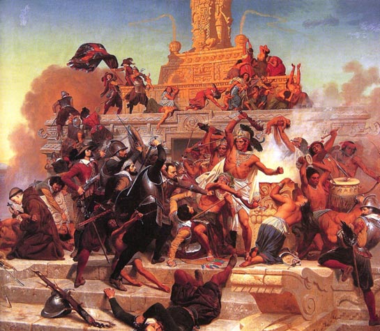 Gemälde, das die Eroberung des Großen Tempels der Aztekenhauptstadt Tenochtitlán durch Hernan Cortés darstellt