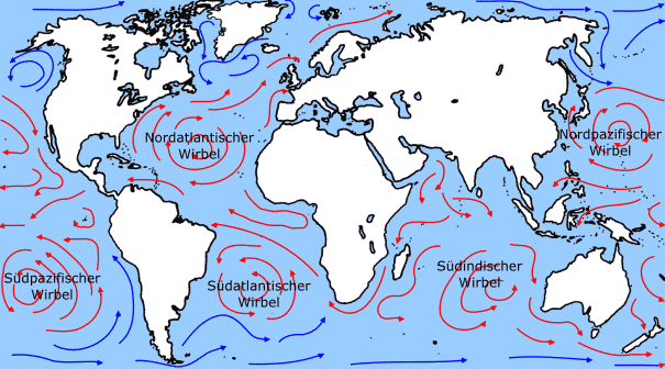 Zeichnung der Meeresströmungen an der Oberfläche der Weltmeere