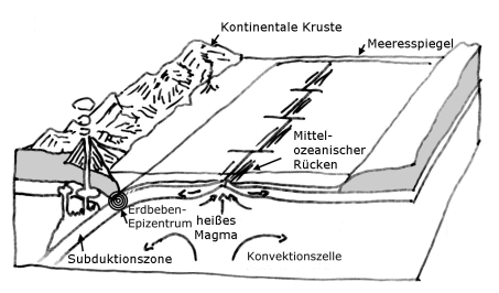 Zeichnung der Entstehung ozeanischer Kruste an den mittelozeanische Rücken